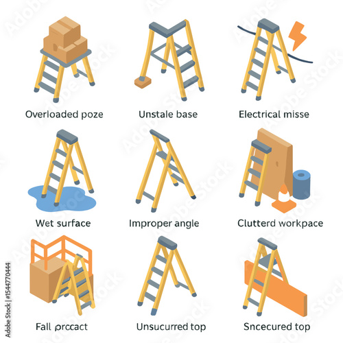 Ladder Safety Hazards. Isometric Flat icon set of construction site ladder hazards: overloaded platform, unstable base, electrical