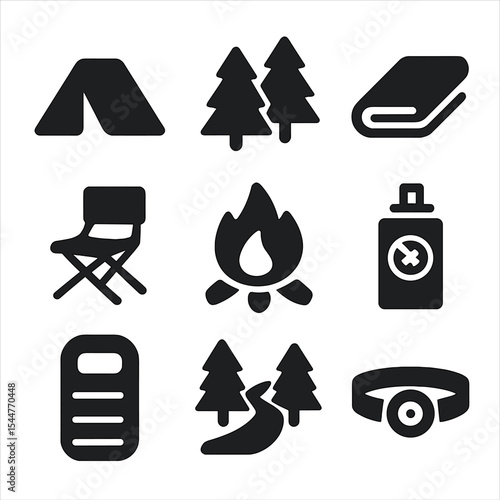 Forest Camping Icons. Solid, filled icons set of forest camping setup: tent, trees icon, ground tarp, camping chair, campfire, mosquito repellent, sleeping bag, forest path, headlamp.