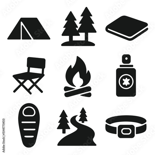 Forest Camping Icons. Solid, filled icons set of forest camping setup: tent, trees icon, ground tarp, camping chair, campfire, mosquito repellent, sleeping bag, forest path, headlamp.