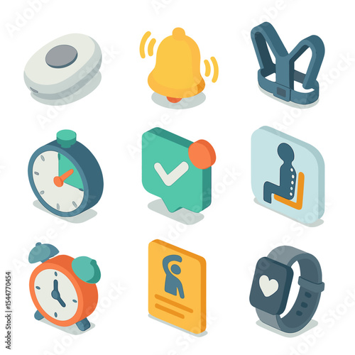 Posture Reminder Icons. Isometric Flat icon set of posture reminder accessories: posture sensor device, bell reminder, posture