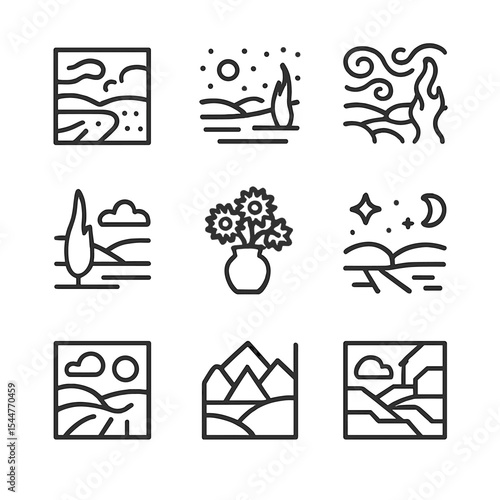 Post-Impressionist Icon Set. Outline icon set of Post-Impressionist landscapes: bold brush stroke, pointillist dot, swirling sky,