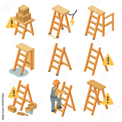 Ladder Safety Hazards. Isometric Flat icon set of construction site ladder hazards: overloaded platform, unstable base, electrical
