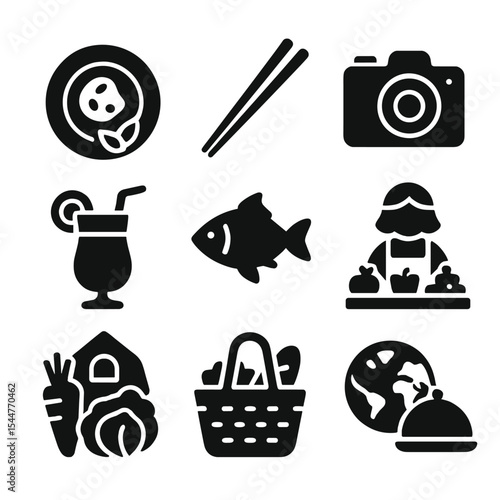 Foodie Travel Icons. Solid, filled icons set of foodie travel highlights: gourmet plate, chopsticks, travel