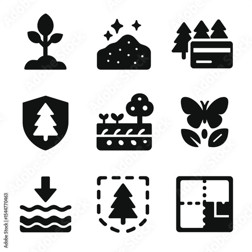 Forestry Offset Icons. Solid, filled icons set of forestry and land-based offsets: reforestation tree, soil