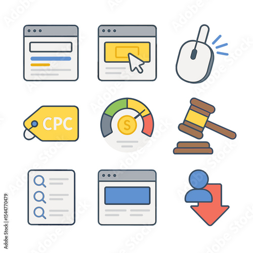 PPC Advertising Icons. Isometric Flat icon set of PPC advertising: search ad, display banner, mouse click, CPC tag, budget meter,