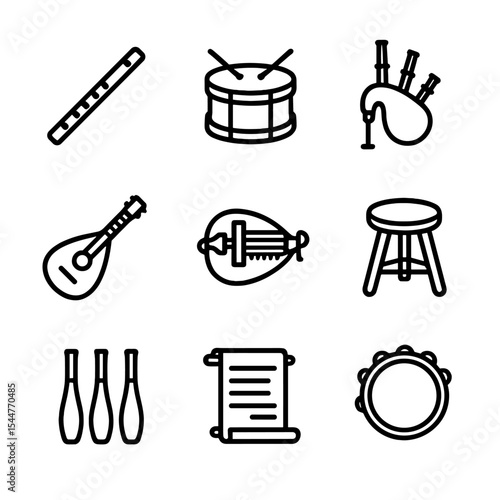 Medieval Instrument Icons. Outline icon set of music and entertainment: fife flute, snare drum, lute, bagpipes, hurdy-gurdy,