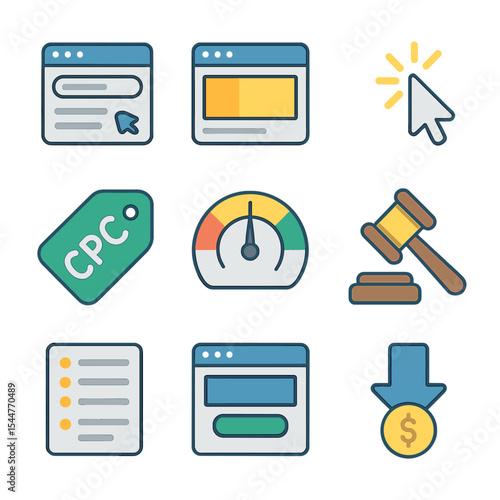PPC Advertising Icons. Isometric Flat icon set of PPC advertising: search ad, display banner, mouse click, CPC tag, budget meter,