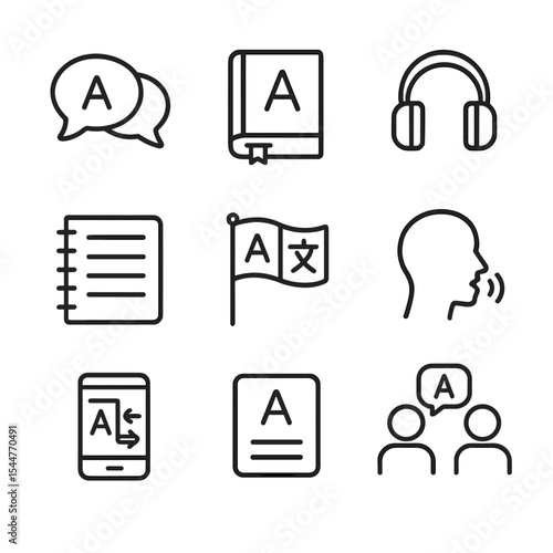 Language Learning Icons. Outline icon set of language immersion courses: speech bubble, dictionary, headphones, notebook, language