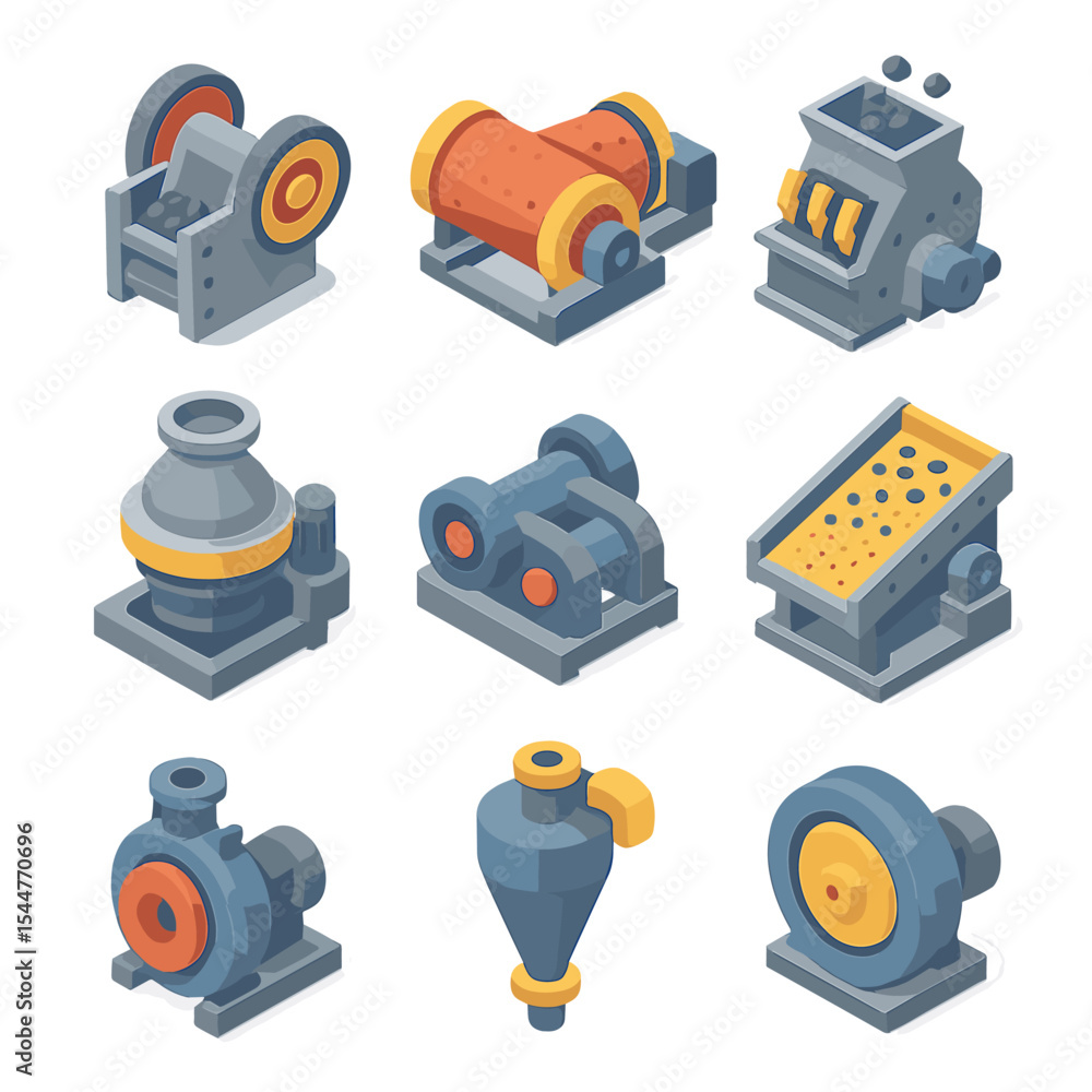 Fototapeta premium Crusher Icon Set. Isometric Flat icon set of ore crushing and grinding: jaw crusher, ball mill, hammer mill, gyratory crusher,