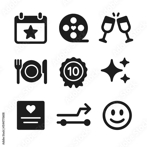 Friendship Anniversary Icons. Solid, filled icons set of friendship anniversaries: calendar star, memory reel,