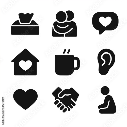 Friendship Icons Grid. Solid, filled icons set of healing and support in friendship: tissue box, comforting