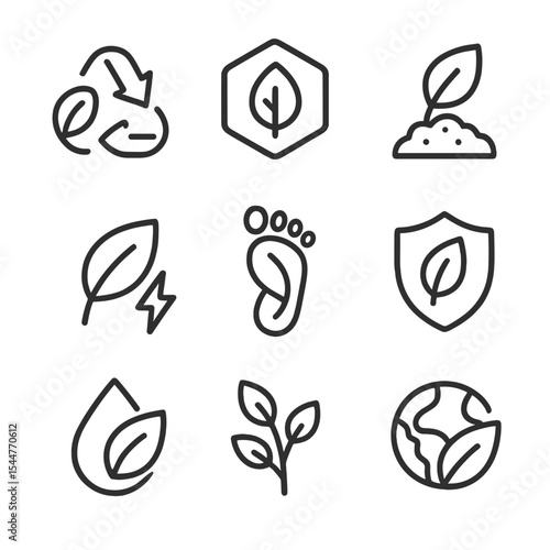 Leaf Eco Icons. Outline icon set of leaf ecological symbols: recycling leaf, organic badge, compost leaf, green energy leaf,