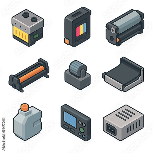Printer Components Icons. Isometric Flat icon set of printer components: print head, ink cartridge, toner drum, fuser unit, paper