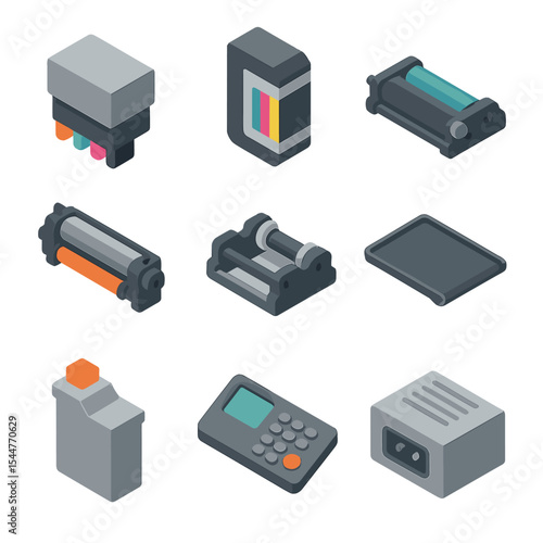 Printer Components Icons. Isometric Flat icon set of printer components: print head, ink cartridge, toner drum, fuser unit, paper