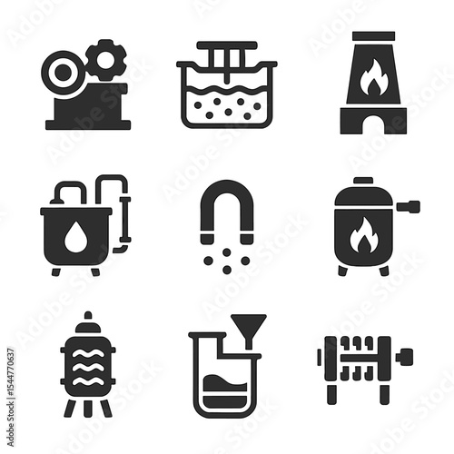 Processing Techniques Icons. Flat icon set of processing techniques: crushing mill, flotation cell, smelting furnace, leaching vat