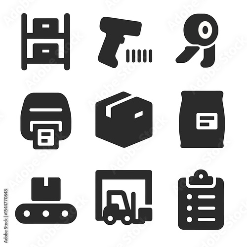 Fulfillment Process Icons. Solid, filled icons set of fulfillment process: picking shelf, barcode scanner,