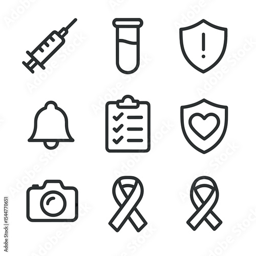 Preventive Healthcare Icons. Outline icon set of preventive healthcare: vaccination syringe, screening test tube, health checkup