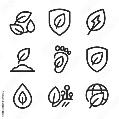 Leaf Eco Icons. Outline icon set of leaf ecological symbols: recycling leaf, organic badge, compost leaf, green energy leaf,
