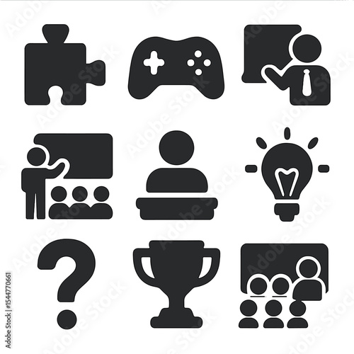 Fun Learning Icons. Solid, filled icons set of fun learning activities: puzzle piece, game icon, teacher icon,