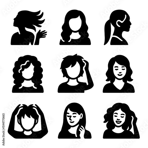 Fun Hair Styling Icons. Solid, filled icons set of fun hair styling moments: hair flip, beach wave icon, sleek ponytail, 