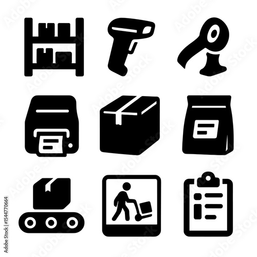 Fulfillment Process Icons. Solid, filled icons set of fulfillment process: picking shelf, barcode scanner,