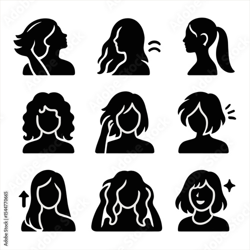 Fun Hair Styling Icons. Solid, filled icons set of fun hair styling moments: hair flip, beach wave icon, sleek ponytail, 