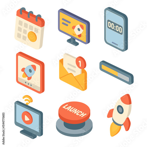 Product Launch Icons Set. Isometric Flat icon set of product launch countdown: marked calendar date, teaser advertisement banner,
