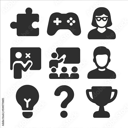 Fun Learning Icons. Solid, filled icons set of fun learning activities: puzzle piece, game icon, teacher icon,