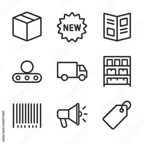 Product Icon Set. Outline icon set of product line expansion: product box, “new” badge, catalog, assembly conveyor, delivery truck