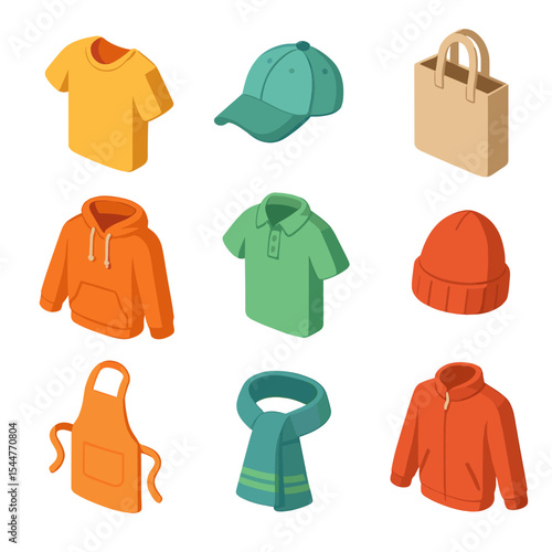 Promotional Apparel Icons. Isometric Flat icon set of promotional apparel: T-shirt, baseball cap, tote bag, hoodie, polo shirt,