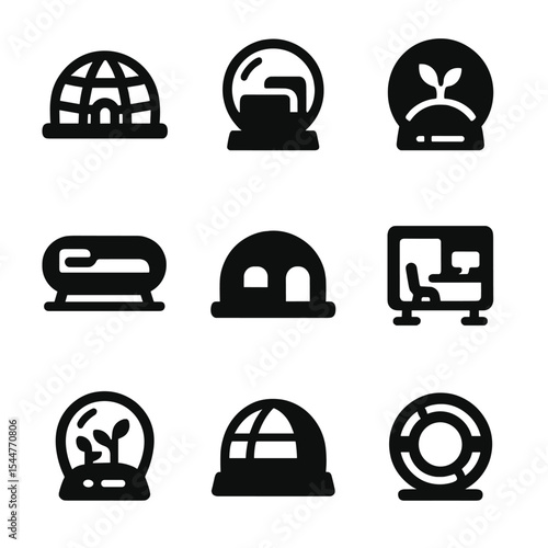 Futuristic Habitat Icons. Solid, filled icons set of futuristic habitat modules: dome habitat, clear pod,