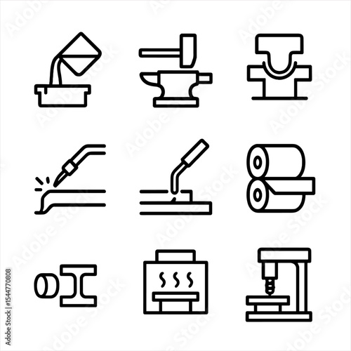 Metal Fabrication Icons. Outline icon set of metal fabrication processes: casting, forging, stamping, welding, brazing, rolling,