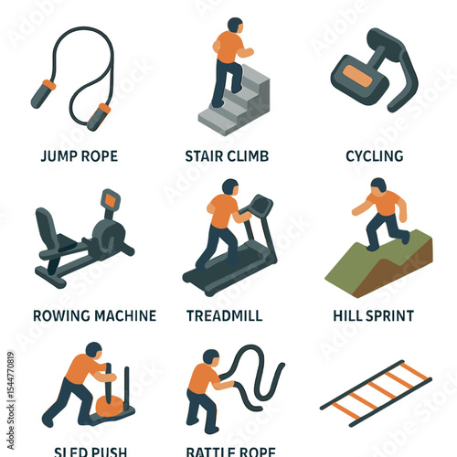 Metabolic Activities Icons. Isometric Flat icon set of metabolic-boosting activities: jump rope, stair climb, cycling pedal,