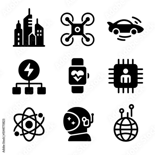 Futuristic Technology Icons. Solid, filled icons set of future technology: futuristic city, drone icon, flying