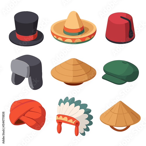 Cultural Headgear Icons. Isometric Flat icon set of cultural headgear: magician’s top hat, Mexican sombrero, Moroccan fez, Russian