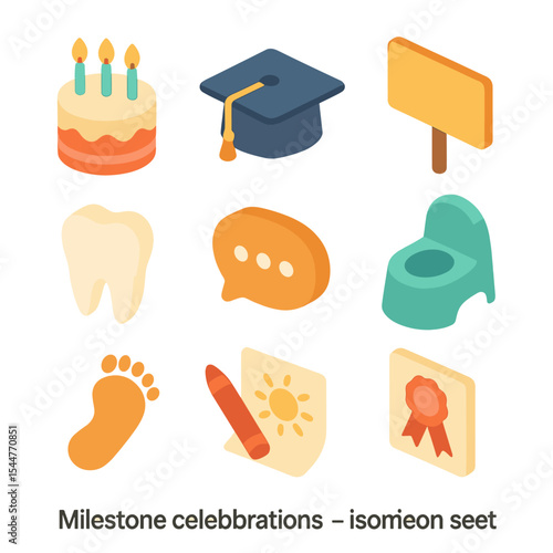 Milestone Celebration Icons. Isometric Flat icon set of Milestone Celebrations: birthday cake with candles, graduation cap for