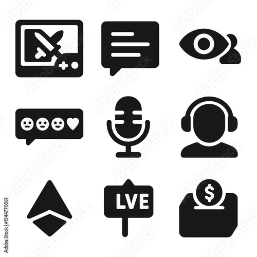 Game Streaming Icons. Solid, filled icons set of streaming game battles: stream overlay, chat window, viewer