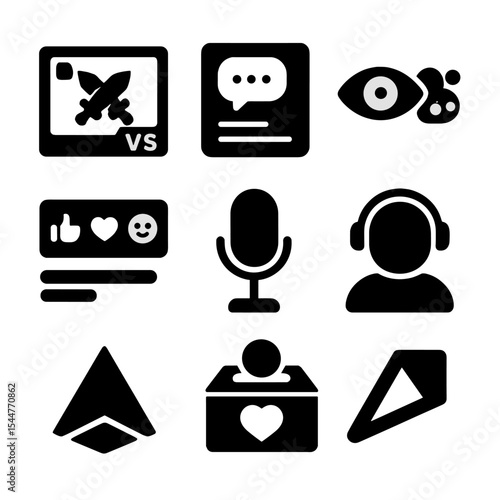Game Streaming Icons. Solid, filled icons set of streaming game battles: stream overlay, chat window, viewer