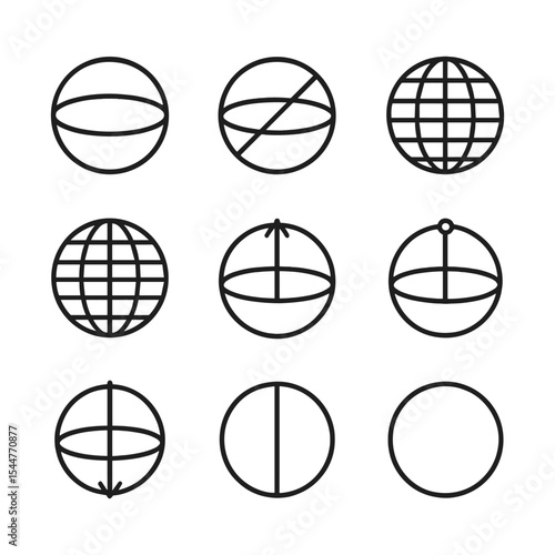 Milky Way Coordinate Icons. Outline icon set of Milky Way coordinate system: celestial equator, ecliptic line, galactic longitude