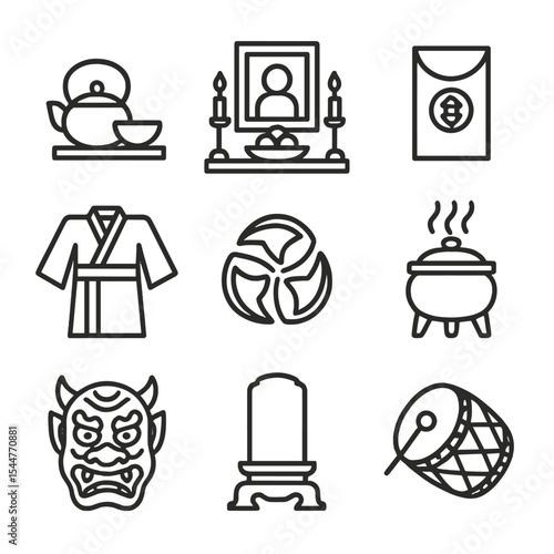 Cultural Tradition Icons. Outline icon set of cultural heir traditions: tea ceremony, ancestral altar, red envelope, kimono