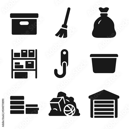 Garage Decluttering Icons. Solid, filled icons set of garage decluttering basics: storage box, broom icon, bin
