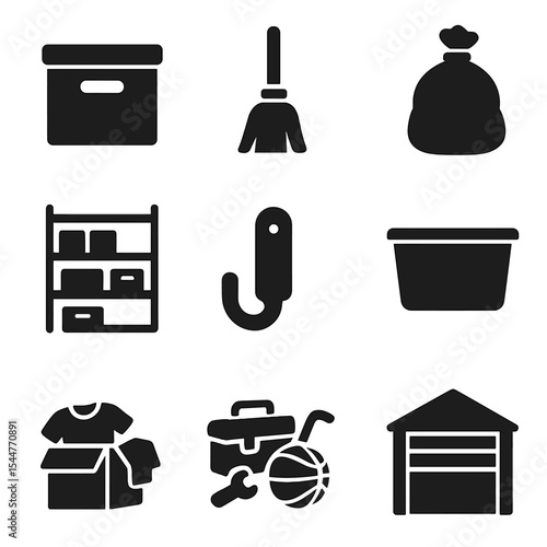 Garage Decluttering Icons. Solid, filled icons set of garage decluttering basics: storage box, broom icon, bin