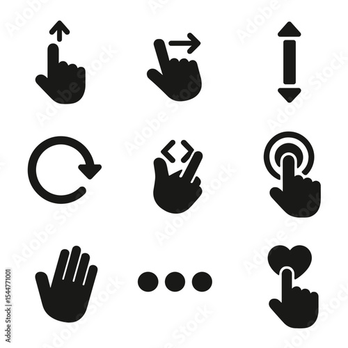 Gesture Icons Grid. Solid, filled icons set of scrolling behavior and gestures: flick motion, thumb swipe,
