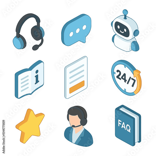 Customer Support Icons. Isometric Flat icon set of customer support and chatbots: headset, chat bubble, AI robot, knowledge base,