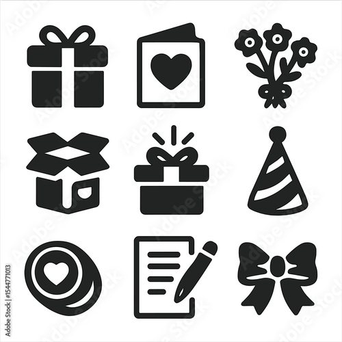 Gift-Giving Icons Grid. Solid, filled icons set of gift-giving traditions between friends: wrapped gift,