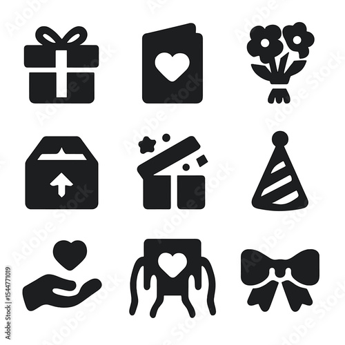 Gift-Giving Icons Grid. Solid, filled icons set of gift-giving traditions between friends: wrapped gift,