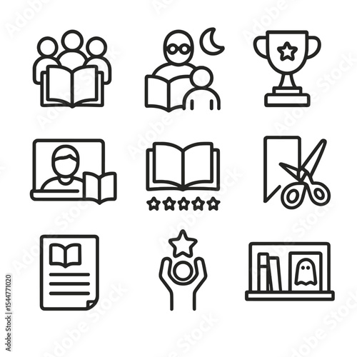 Reading Program Icons. Outline icon set of reading program activities: book club, story time, reading challenge, author visit,