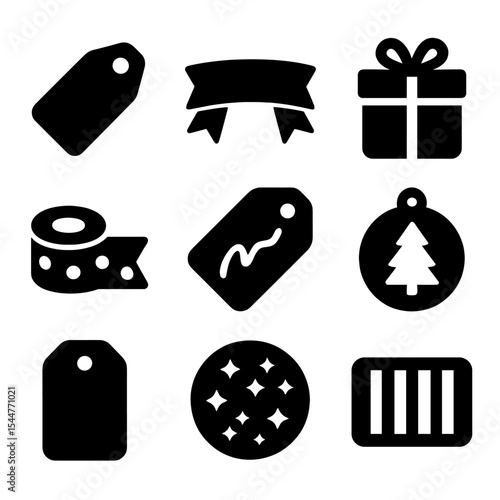 Gift Label Icons. Solid, filled icons set of gift labeling: name tag, ribbon label, gift box, decorative tape,