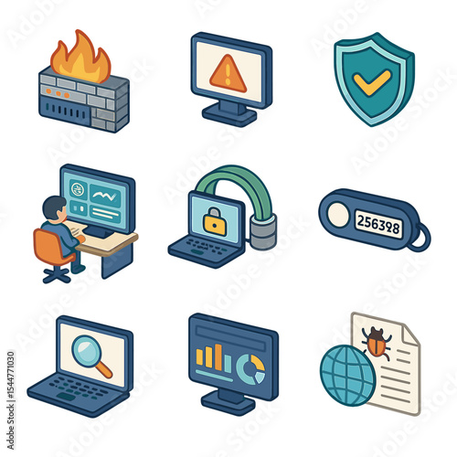 Cyber Defense Icon Set. Isometric Flat icon set of cyber defense measures: firewall appliance, intrusion detection system,