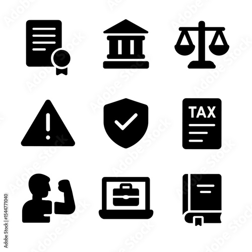 Gig Economy Icons. Solid, filled icons set of gig economy policy and regulation: legal document, government
